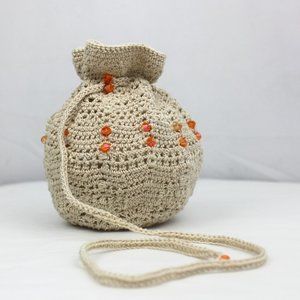 Iridescent Orange Beaded Cream Crochet Drawstring Pouch